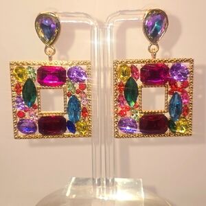 (E21) New Elegant Colorful Glass Gemstone Square Earrings
